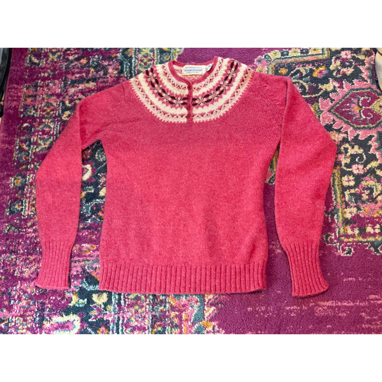 70s Susan Bristol Fair Isle Button Neck Sweater 100% Shetland Wool size 36