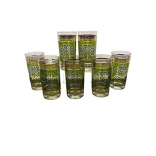 Vintage Retro Green and Gold Flower Glasses MCM Drinking Glases Set of 7