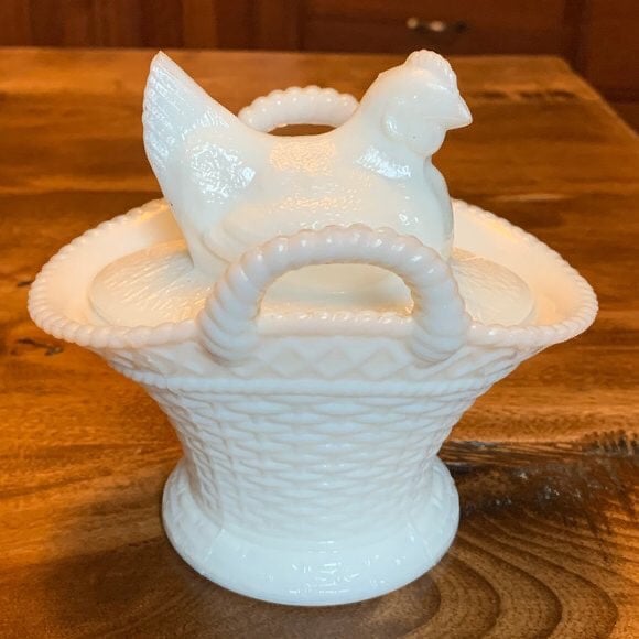 Westmoreland Glass White Milk Glass Hen on Basket
