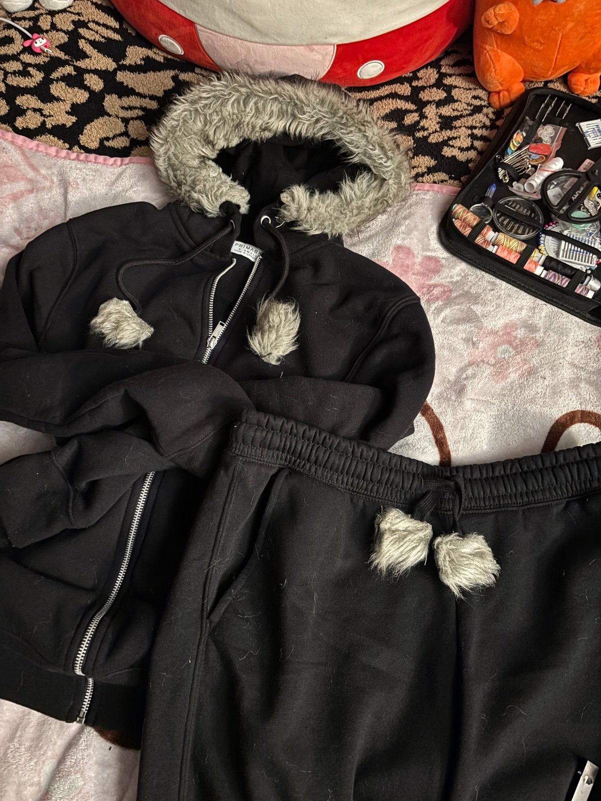 Fur trim emo core zip up and sweatpants set