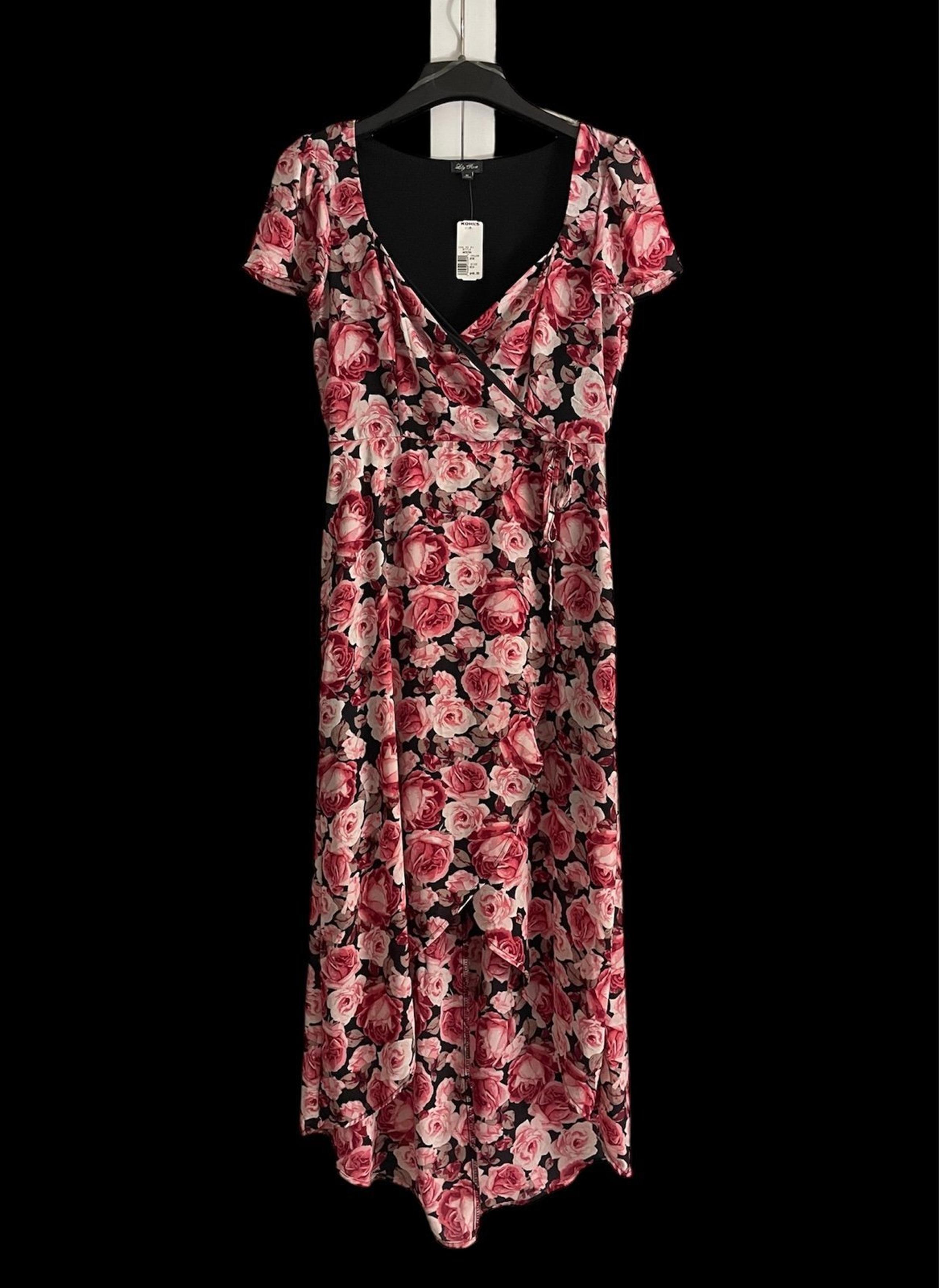 NWT Lily Rose High-Low Floral Dress - Pink Roses on Black Background (Medium)