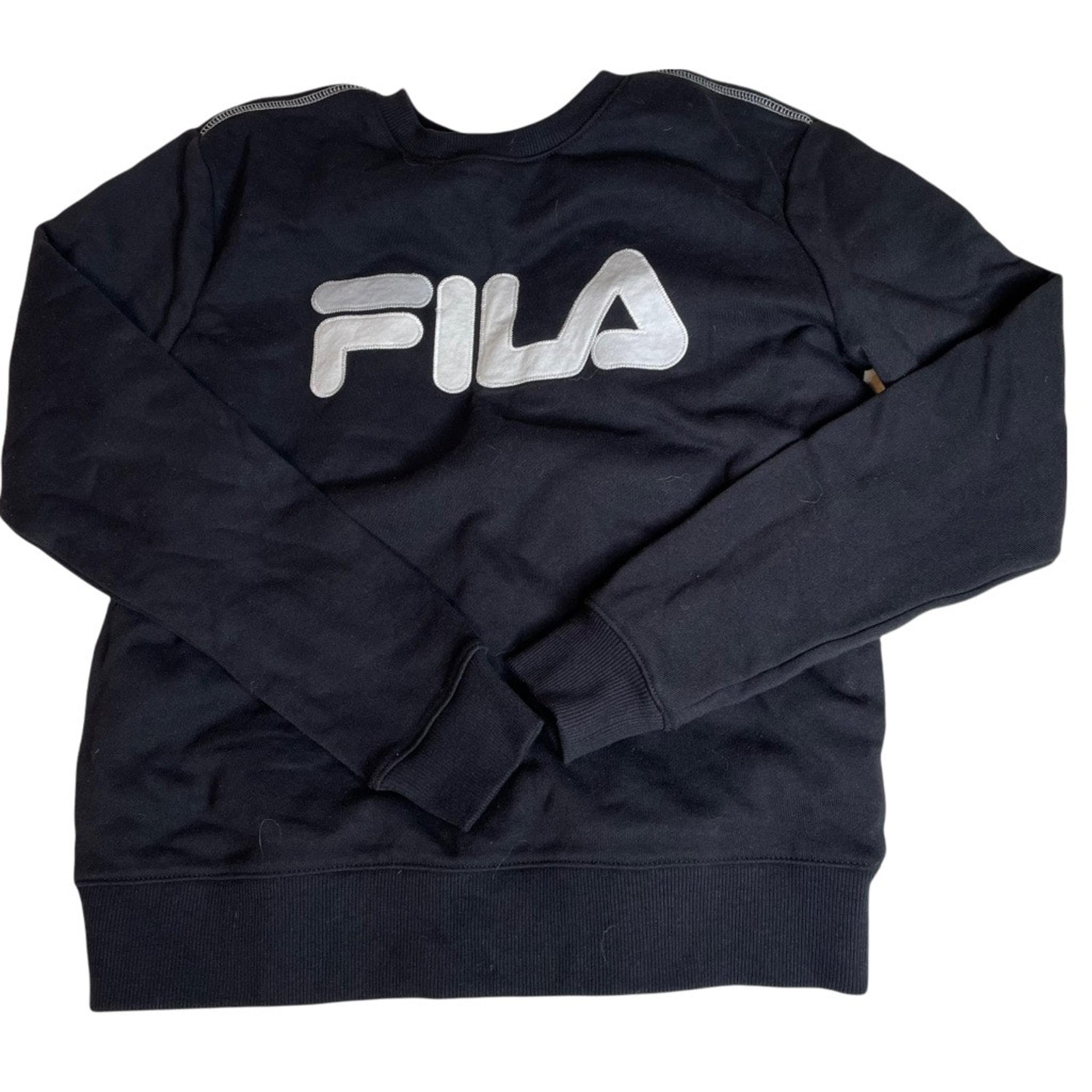 FILA Contrast Stitching Pullover Sweater Black Small Embroidered 90s Crewneck