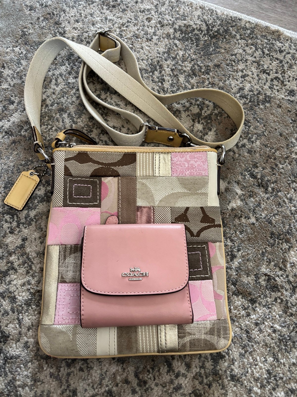 Coach Pink patchwork Crossbody and matching Coach wallet, purse is 7.5x8.5”