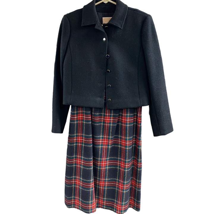 Vintage Pendleton Black Stewart Tartan Skirt And Blazer Set.