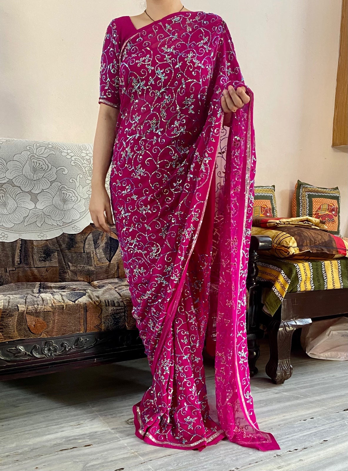 Brand New Gorgeous purplish pink bright heavy sequins work saree