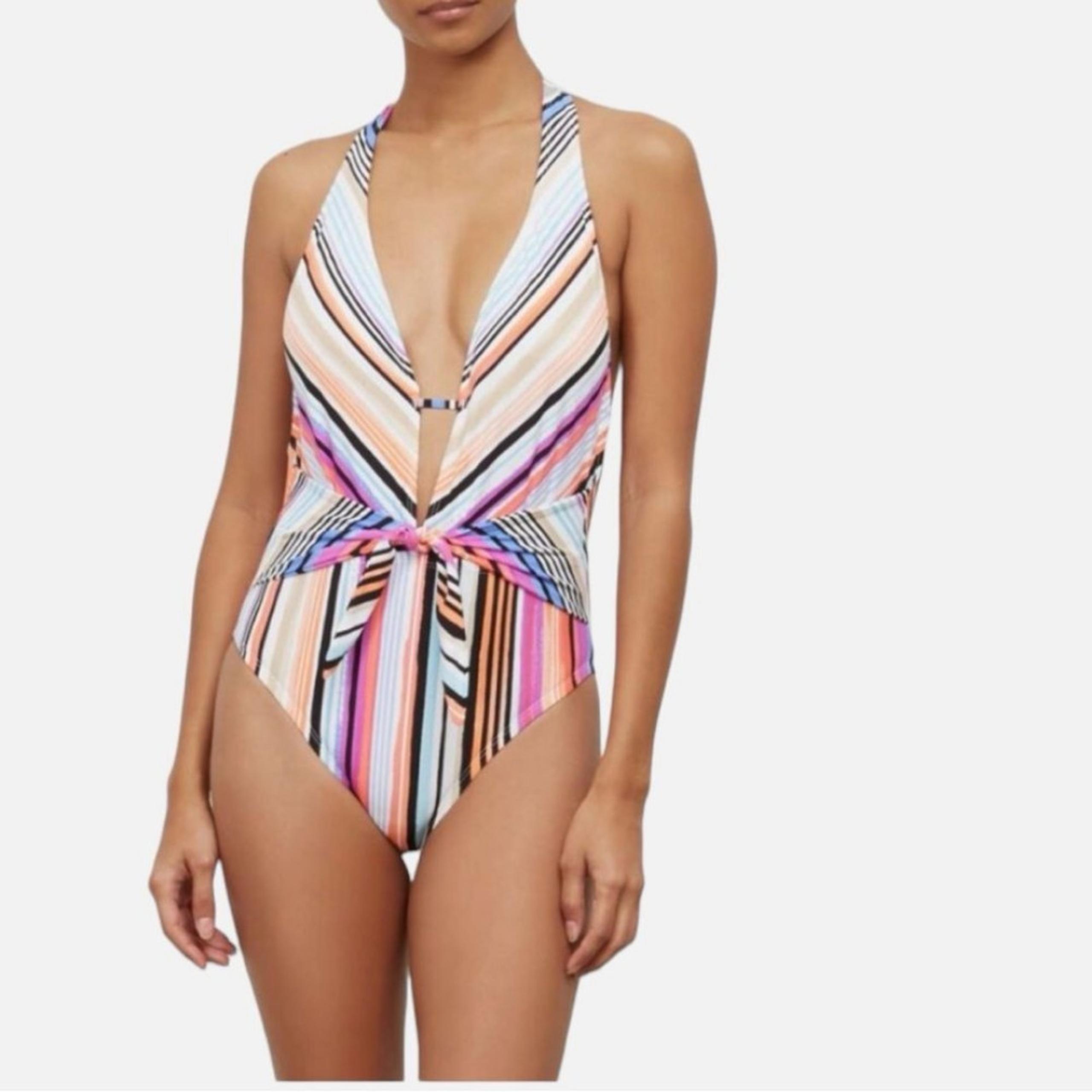 Kenneth Cole Reaction Striped Tie Front Plunge One-Piece Swimsuit NWT Size Small