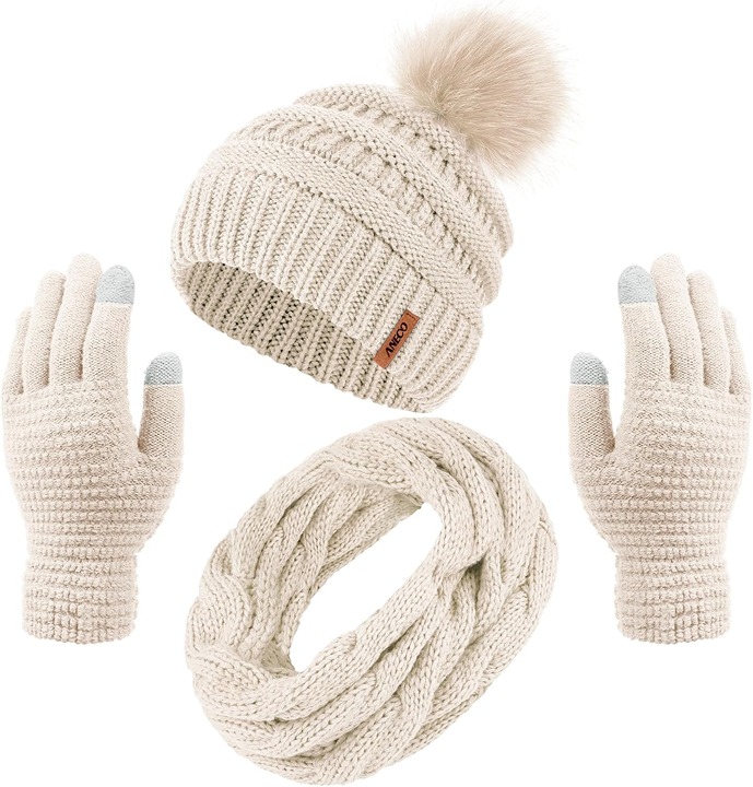 Women's Winter Warm Sets Knitted Fur Pompoms Beanie Hat Circle Loop Scarf Touch