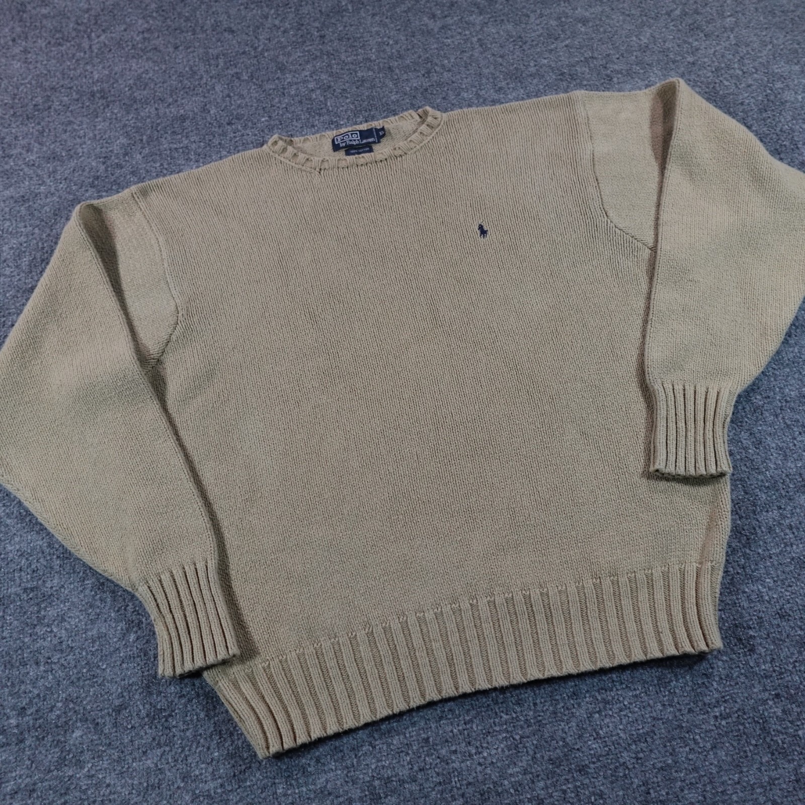 VTG Polo Ralph Lauren Sweater Men XL Beige Cotton Crew Neck Pull Over Pony 13256