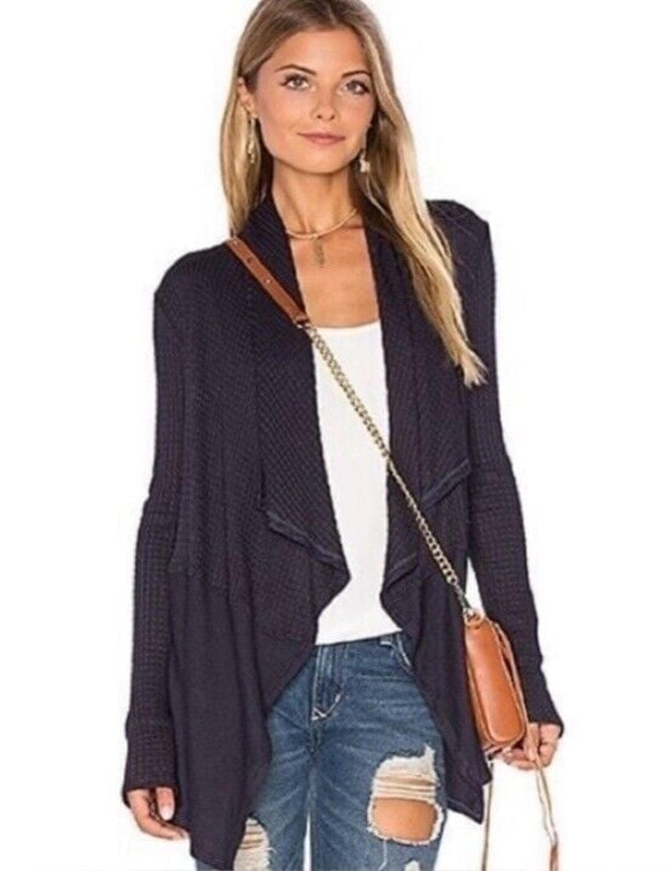 Velvet by Graham & Spencer Bertha Waffle Knit Drape Front Cardigan Navy S NWT