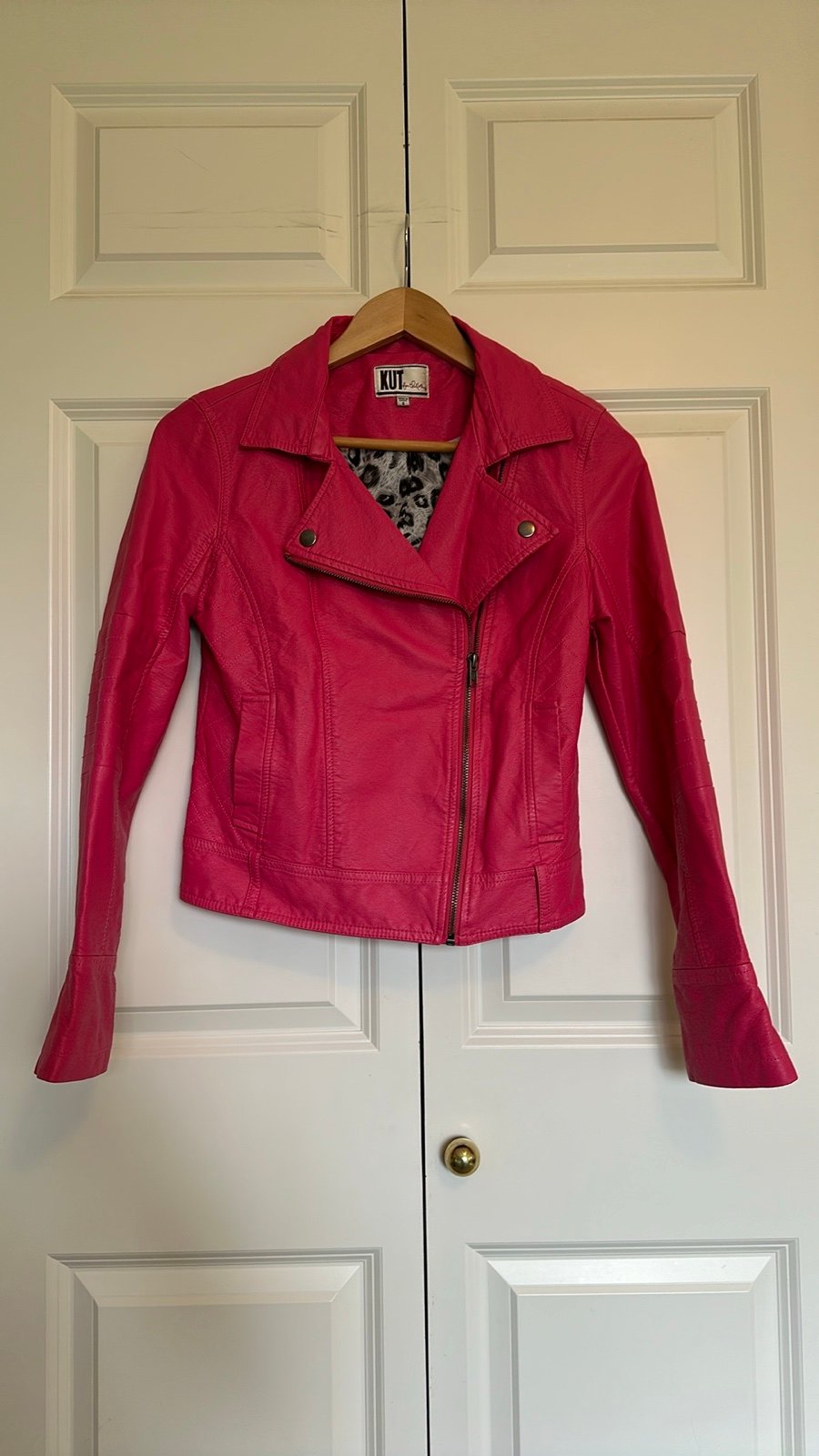 Kut from the Kloth Barbie pink moto jacket faux leather. Size Small.