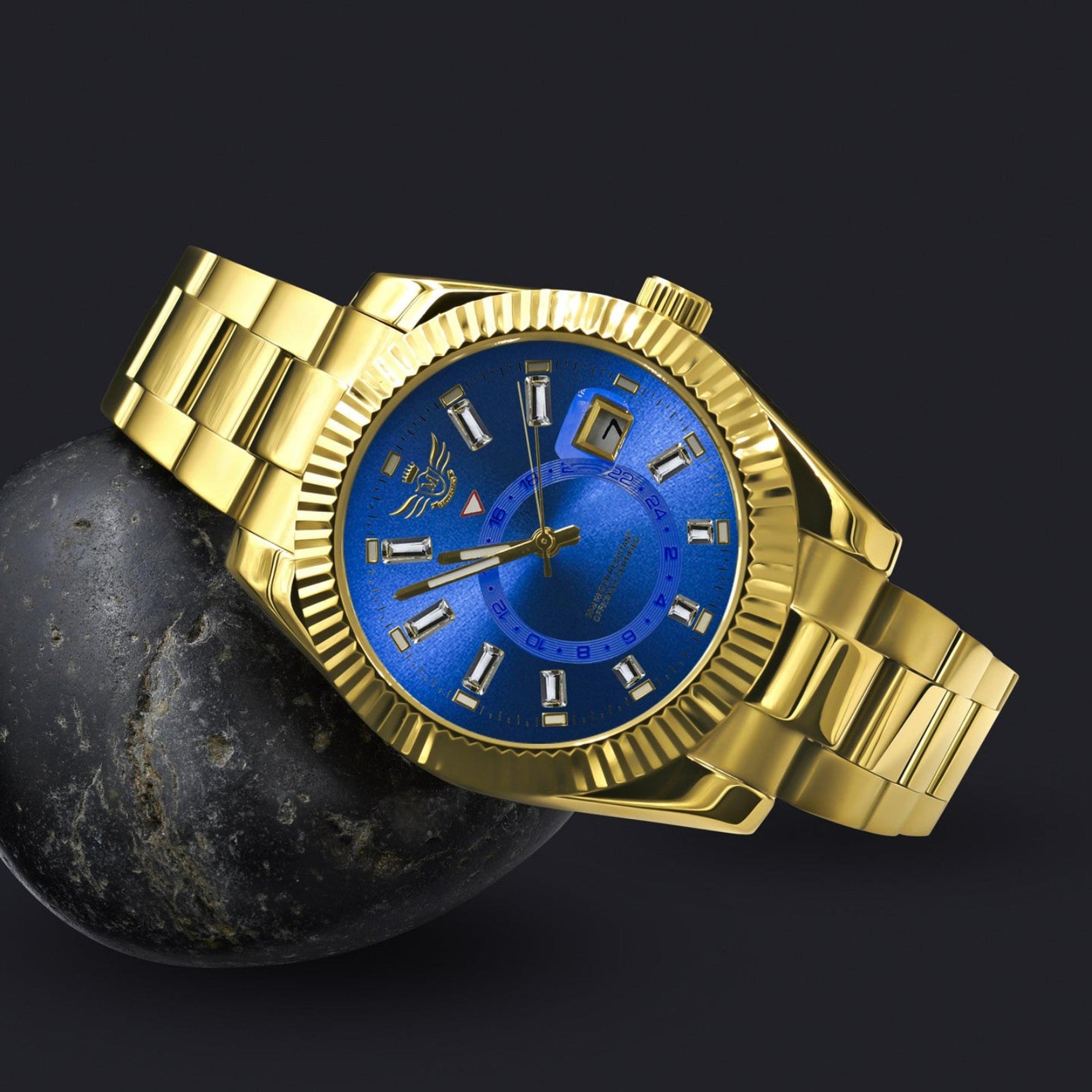 Bling master automatic mens watch - gold presidential band / blue face