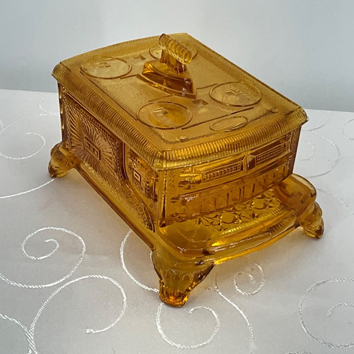 Daisy & Button Pressed Amber Glass Dresser Box Cast Iron Stove Shaped Candy Dish