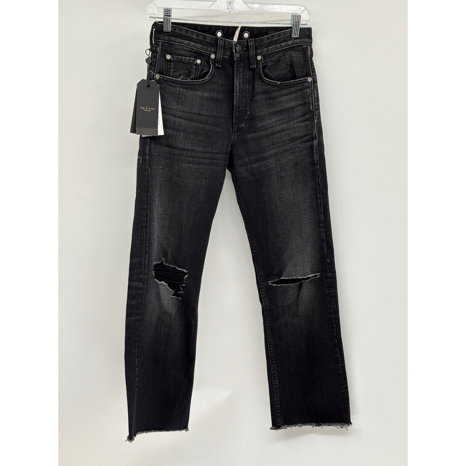 Rag and Bone Jeans Maya High Rise Ankle Straight Women 24 Black Onyx Holes New