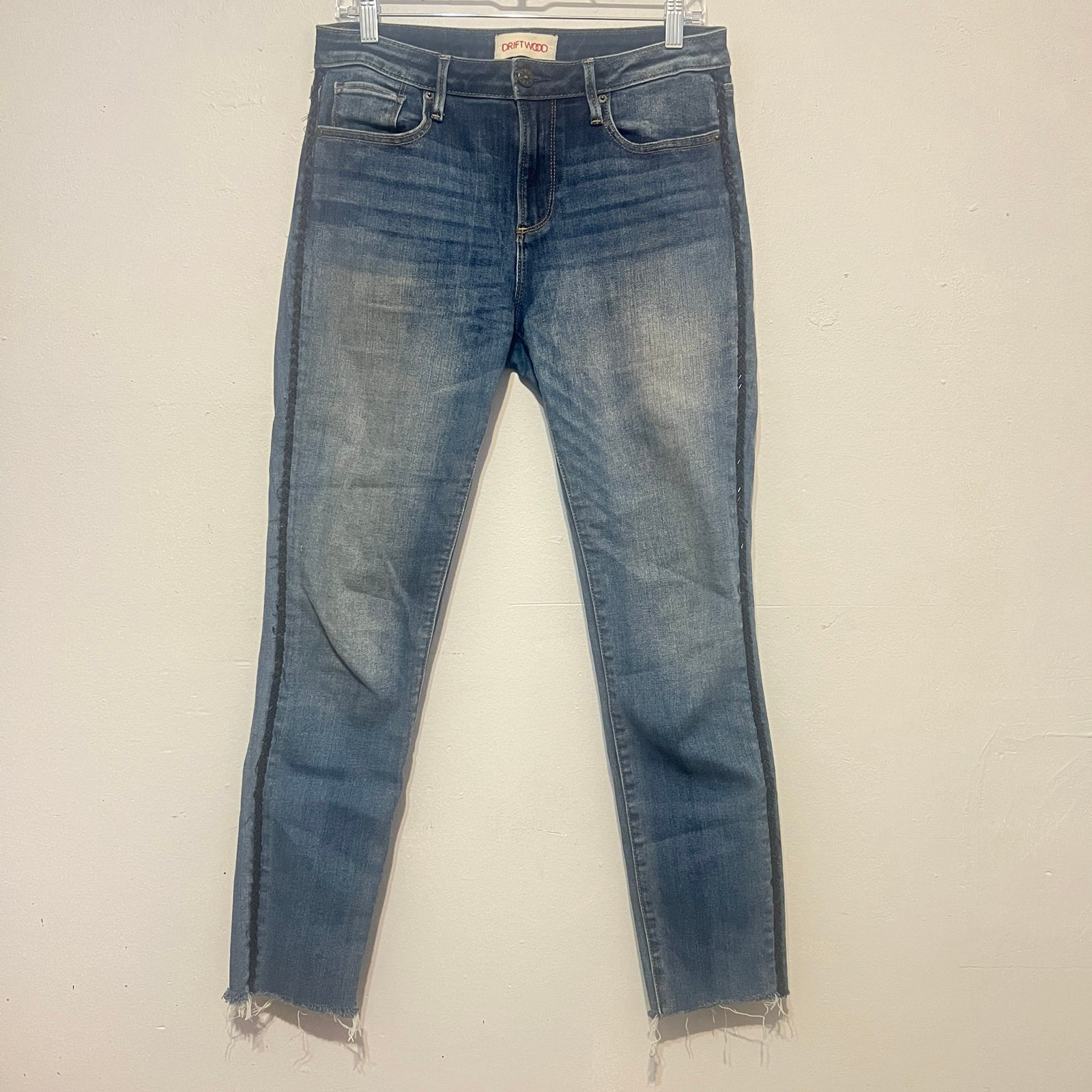 Driftwood Jackie High Rise Jeans Raw Hem Side Beaded Stretch Denim Size 28