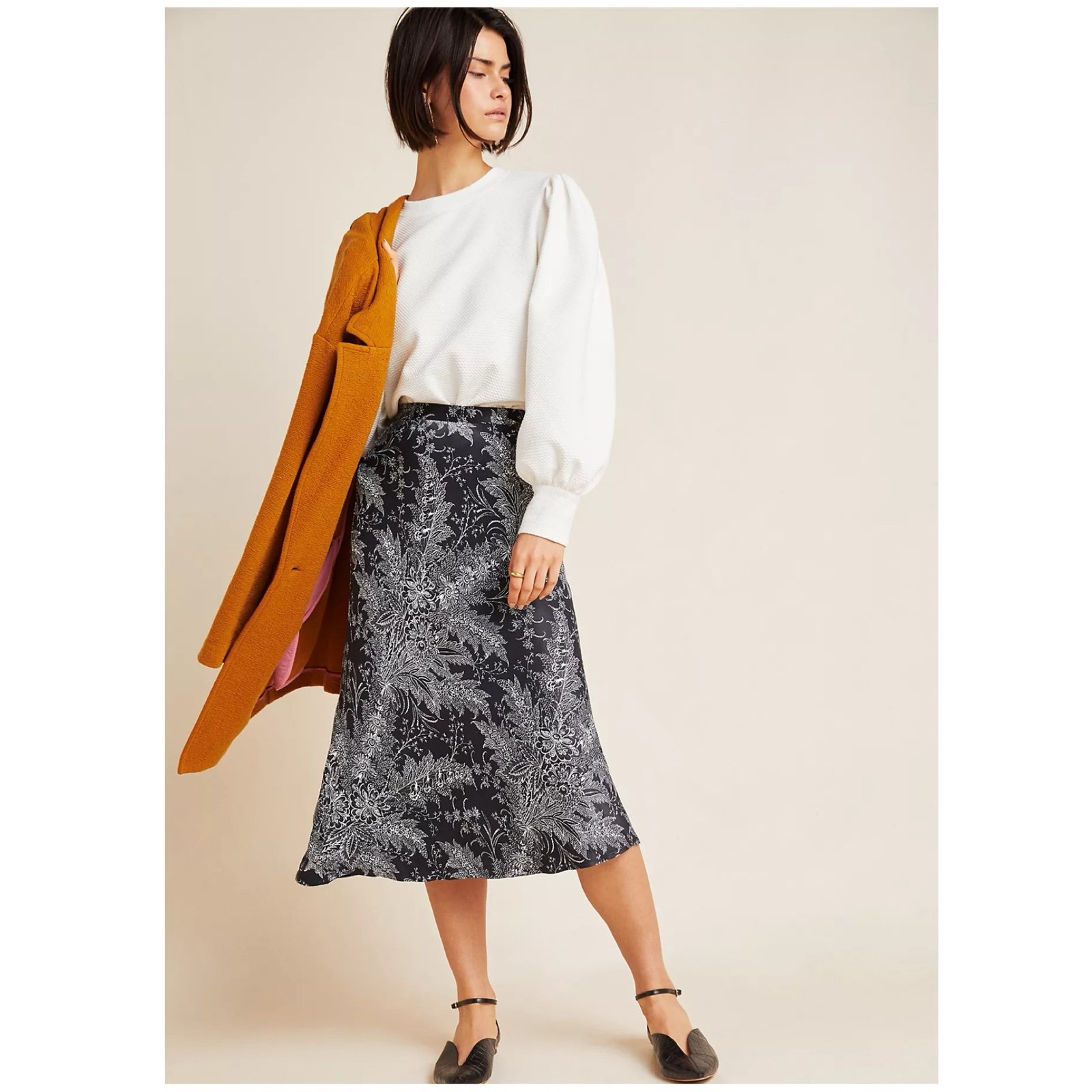 ANTHROPOLOGIE Bias Satin Midi Skirt, Black, 4 (US)