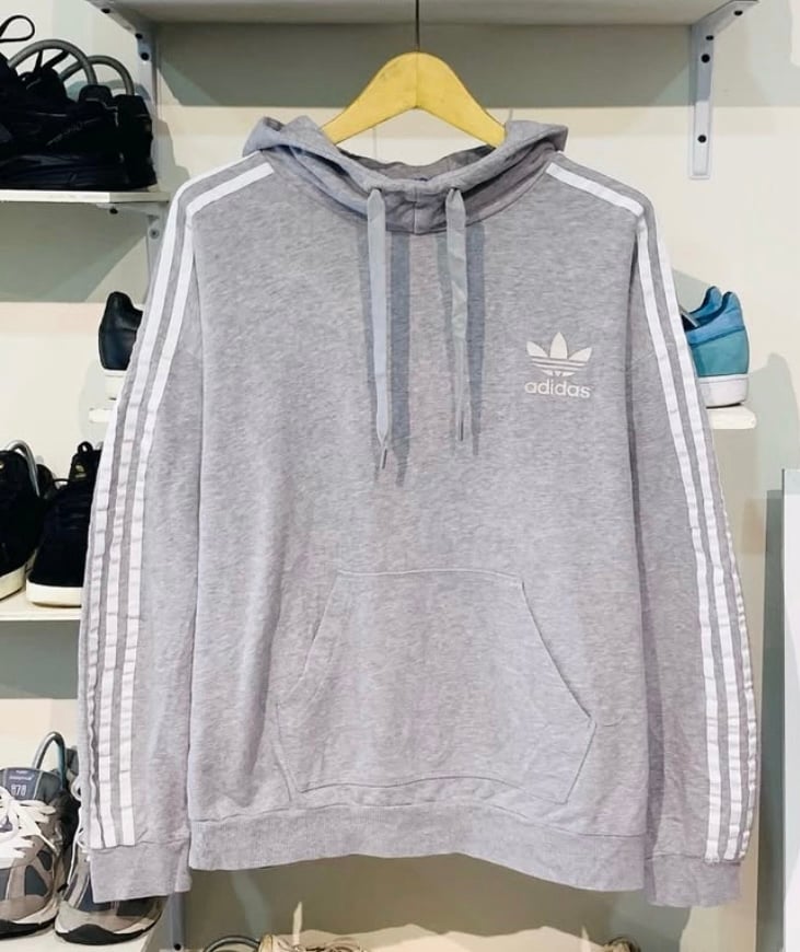 Vintage Adidas Originals 3 Stripes + Logo Hoodie Grey