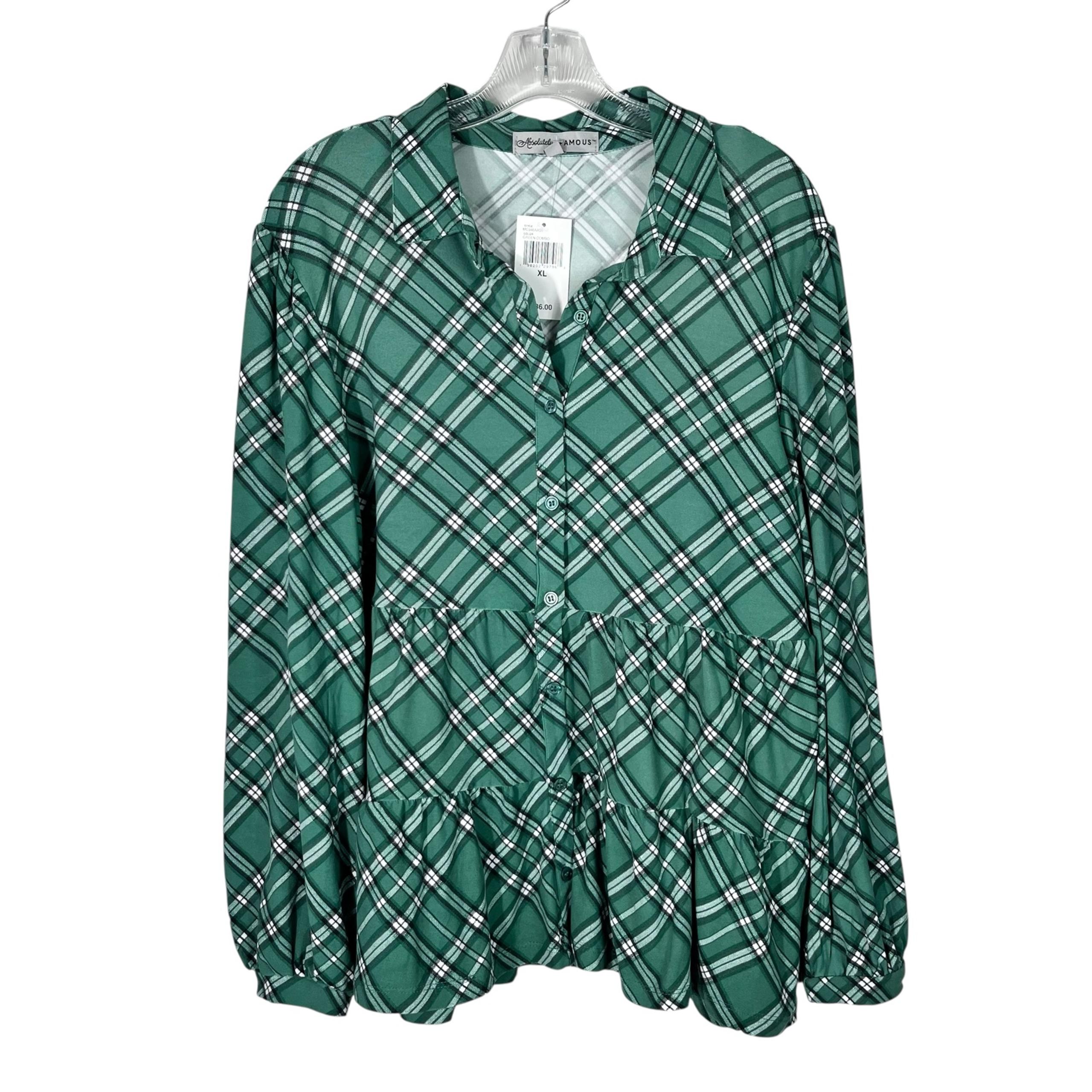 Absolutely Famous Green Plaid Tiered Fit & Flare Button Down Blouse NWT Preppy