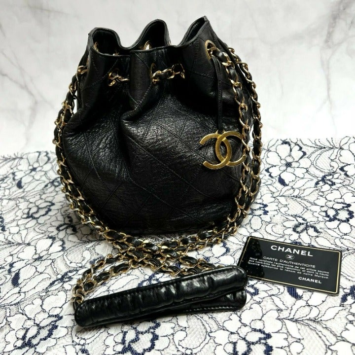 Chanel Black Vintage Lambskin Leather Shoulder Drawstring Bag