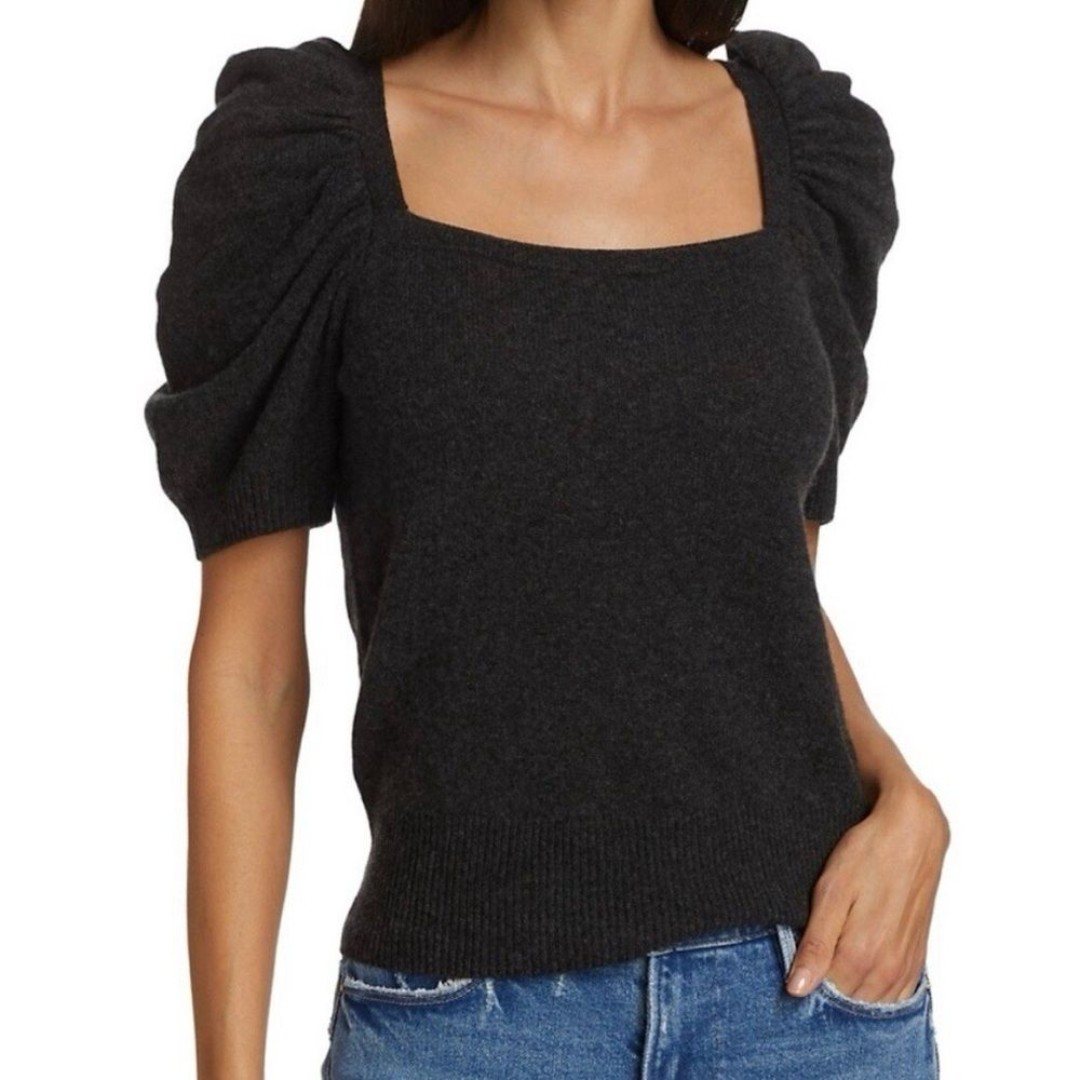 Frame Gray Squareneck Puff Short Sleeve Cashmere Sweater Size M