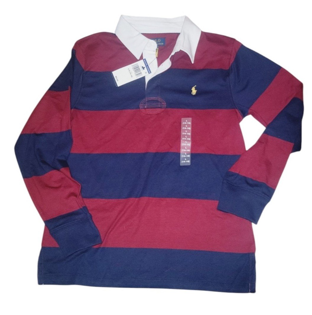 Ralph Lauren Polo Long Sleeve Rugby Shirt Red And Navy Stripe Boys Sz 14-16 NEW