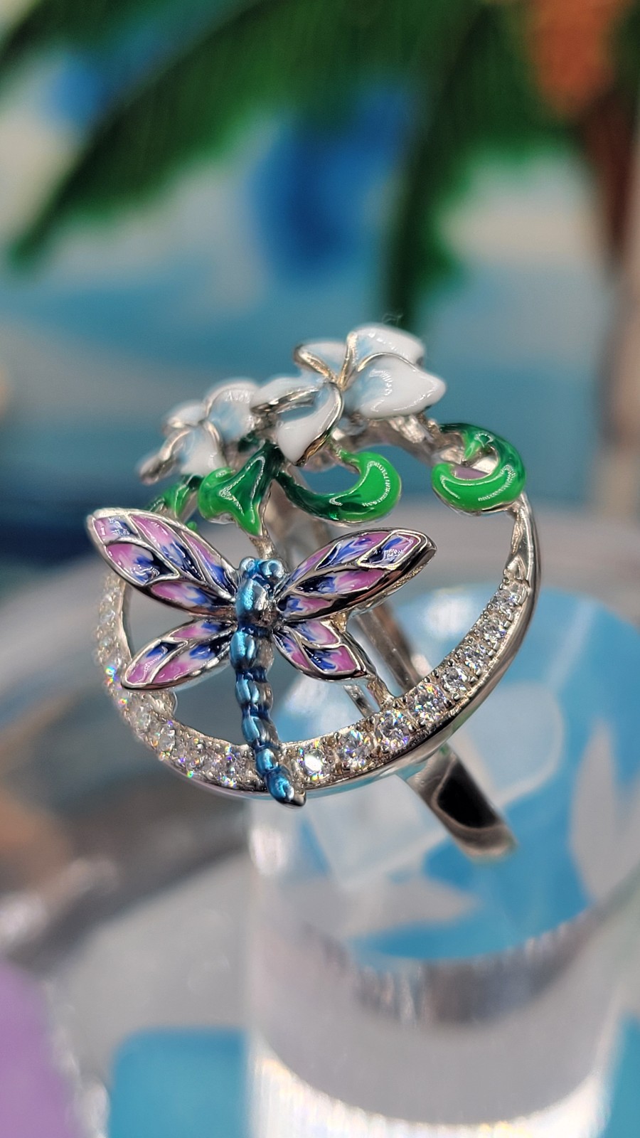 Enamel Dragonfly on Plumeria Ring