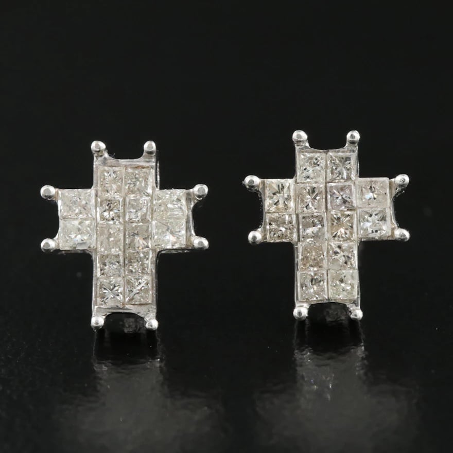 14K 0.72 CTW Genuine Diamond Pave Style White Gold Cross Earrings tested