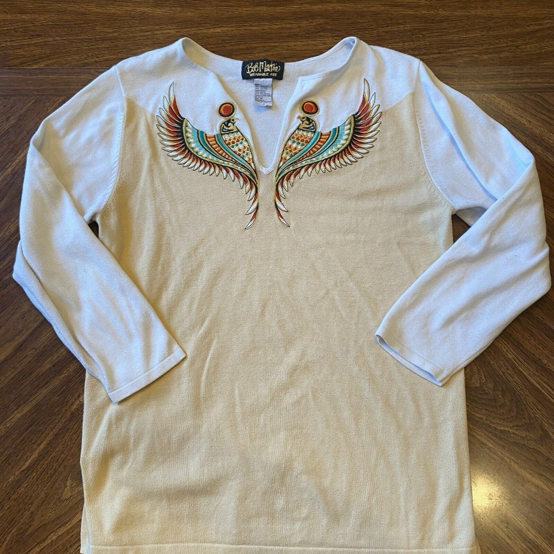 VTG 80s 90s Bob Mackie Wearable Art Embroidered Knit Sweater SZ L Beige Bird