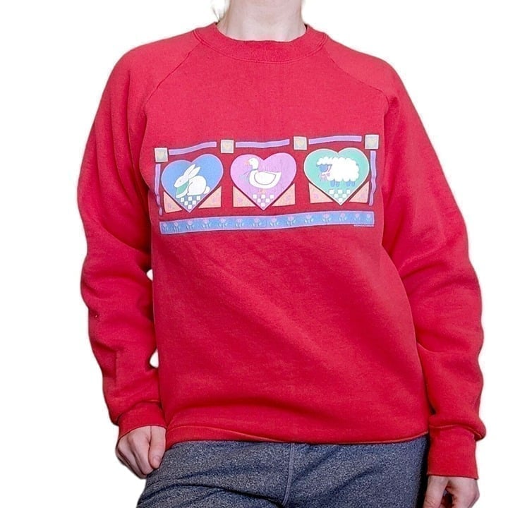 Vintage 90s Red Crewneck Sweatshirt Farm Animals Grandma Grannycore M Red