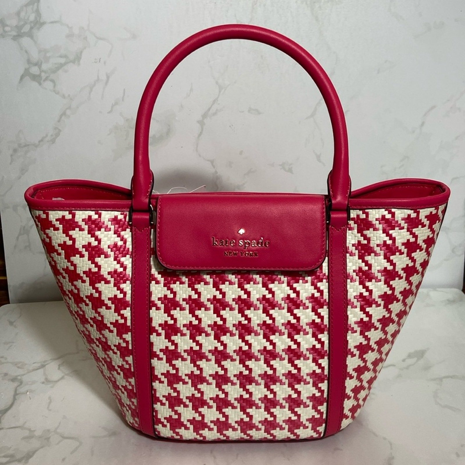 New Kate Spade Hot Pink & White HoundsTooth Cruise Medium Tote Shoulder Bag