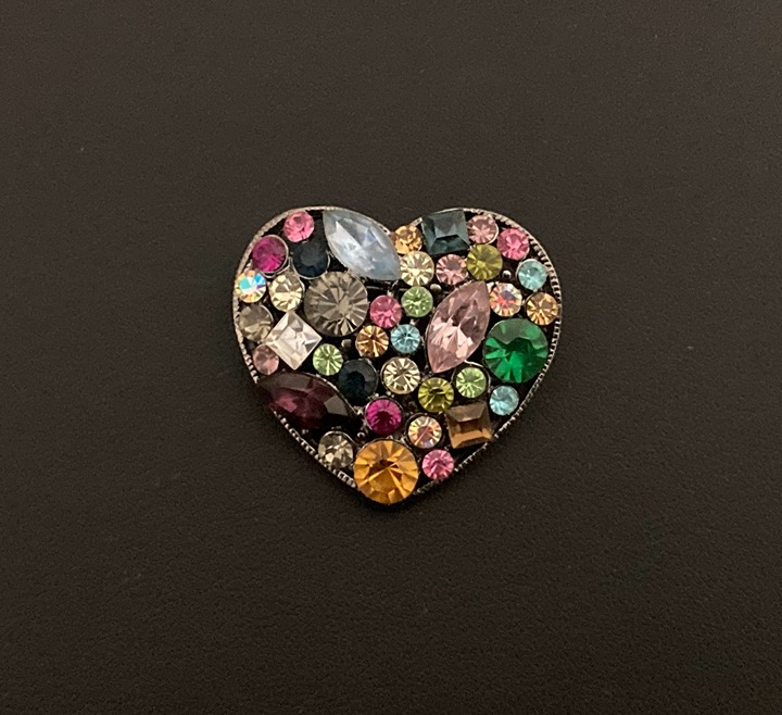 Vintage Estate Fruit Salad Multi Color Rhinestones Heart Brooch Pin Retro