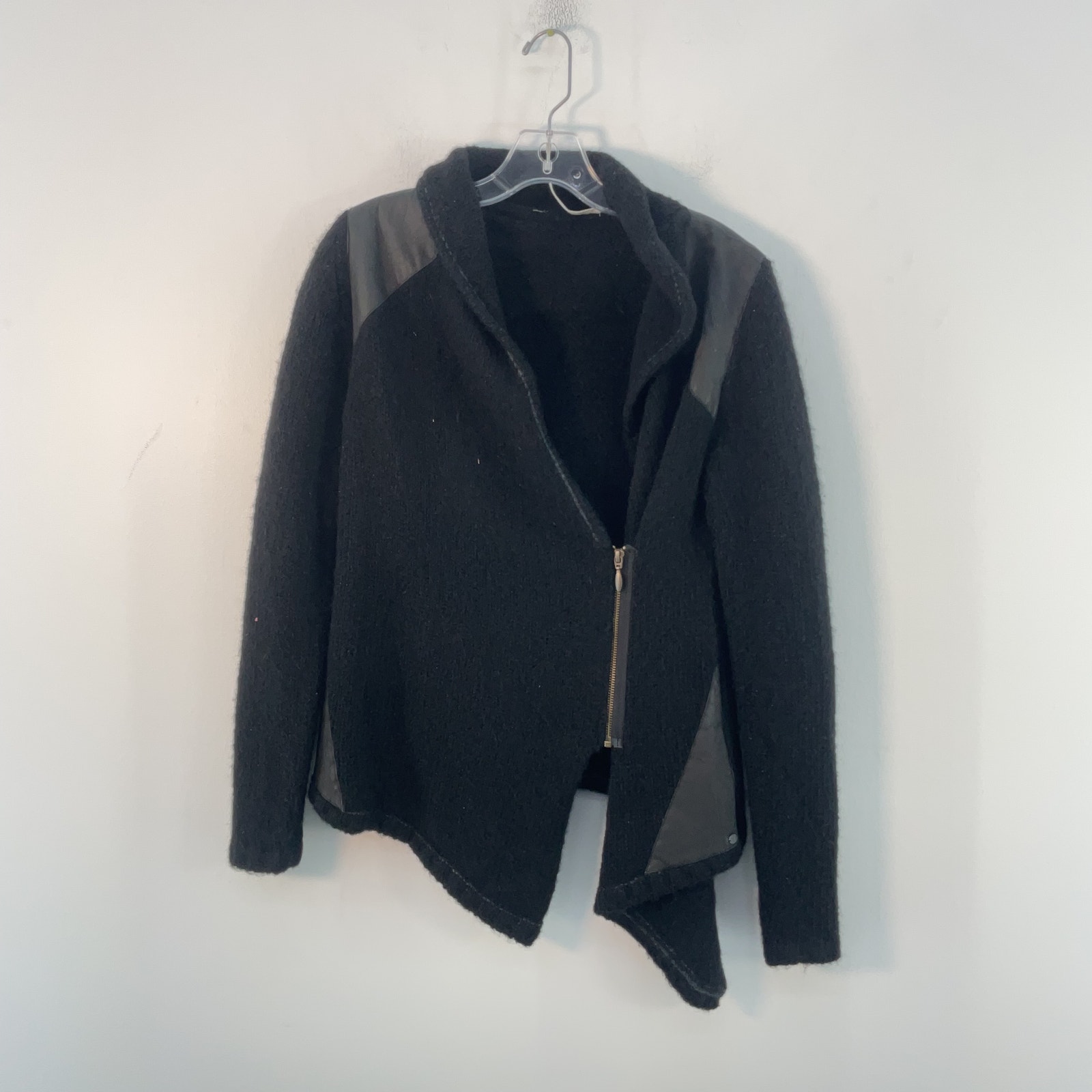 EMJ Black Zip Up Merino Wool Mohair Moto Knit Jacket Womens Size S