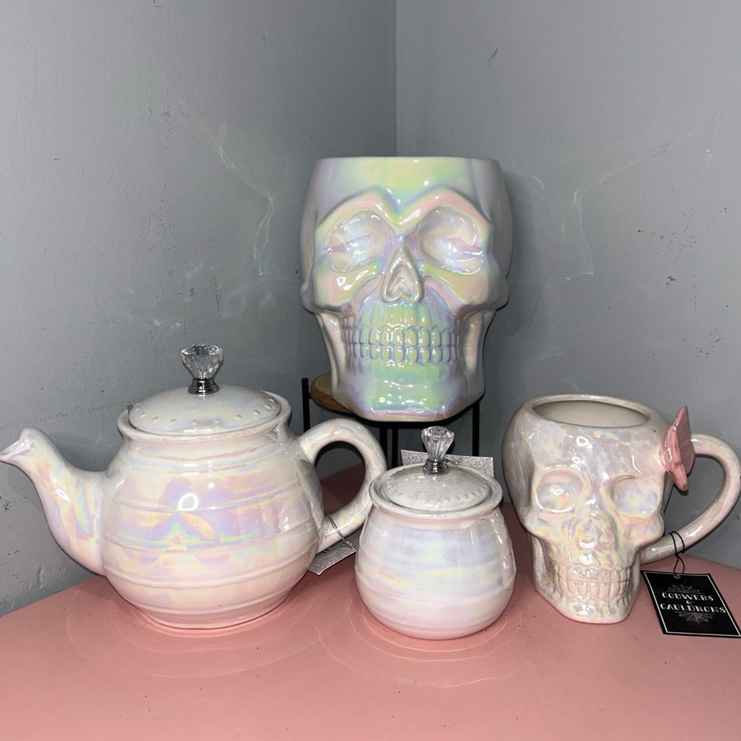 Iridescent Holographic Spooky Halloween Skull Mug, Utensil Crock, Tea Pot & Bowl