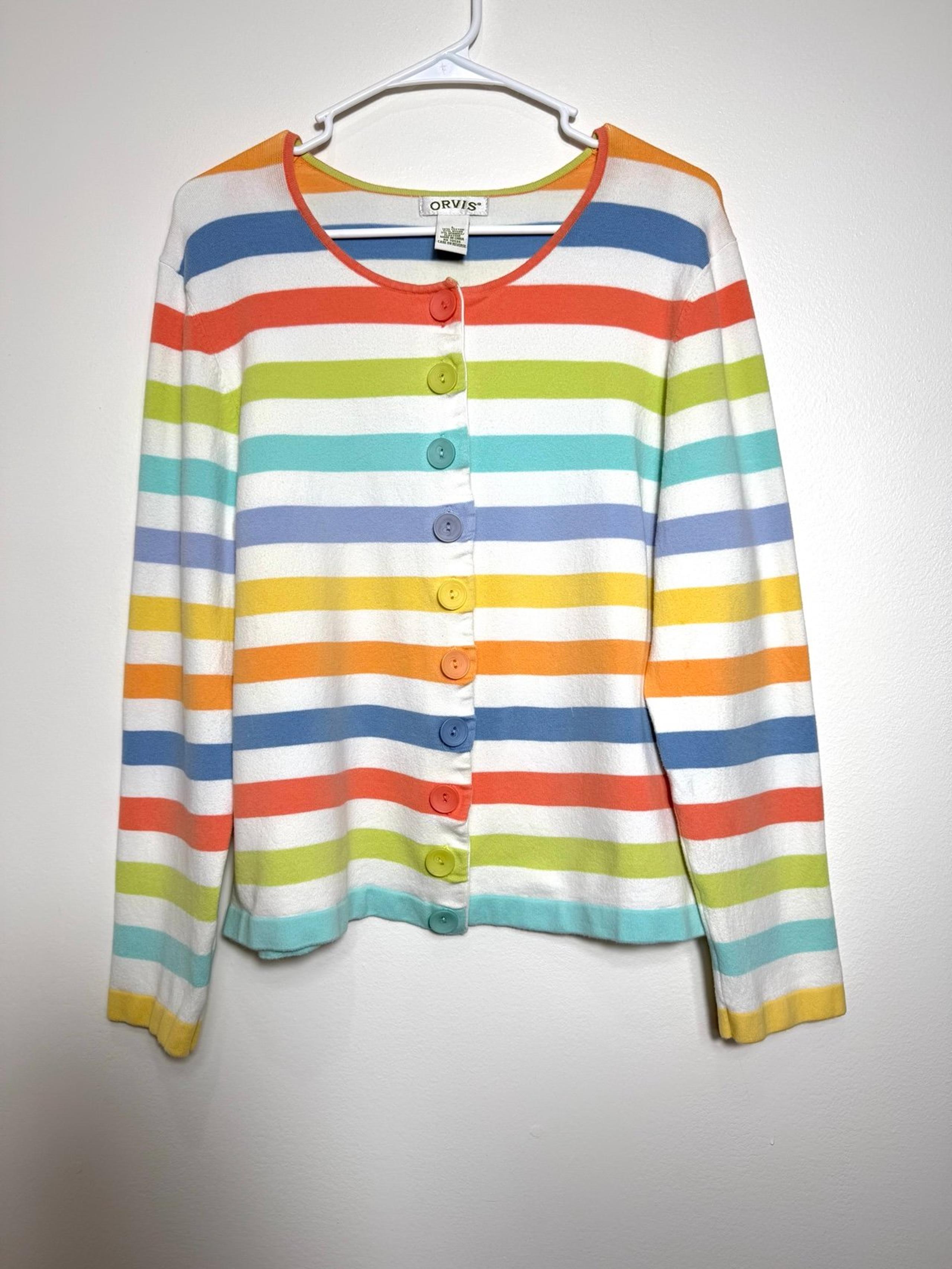 Orvis Women’s Cardigan Multicolor Pastel Stripes Large Button Sweater Size L
