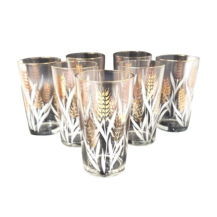 Homer Laughlin Golden Vintage Wheat Pattern Drinking Glasses Set of 7 Gold Rimme