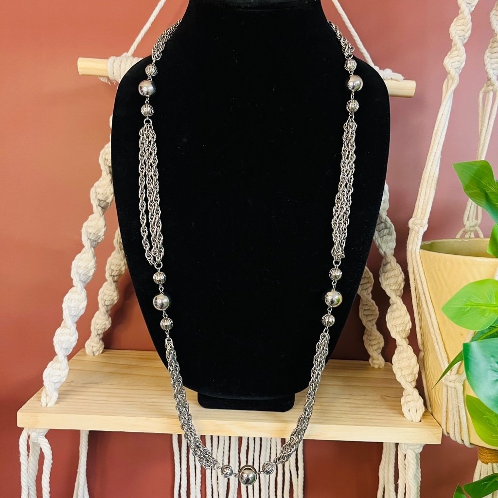Vintage Midcentury Chain Necklace Silver Toned Metal Bead Accent MCM Retro