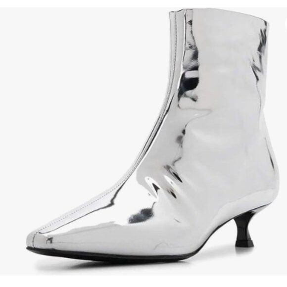 XYD Women Low Kitten Heel Ankle Boots Square Closed Toe Patent Leather Sliver