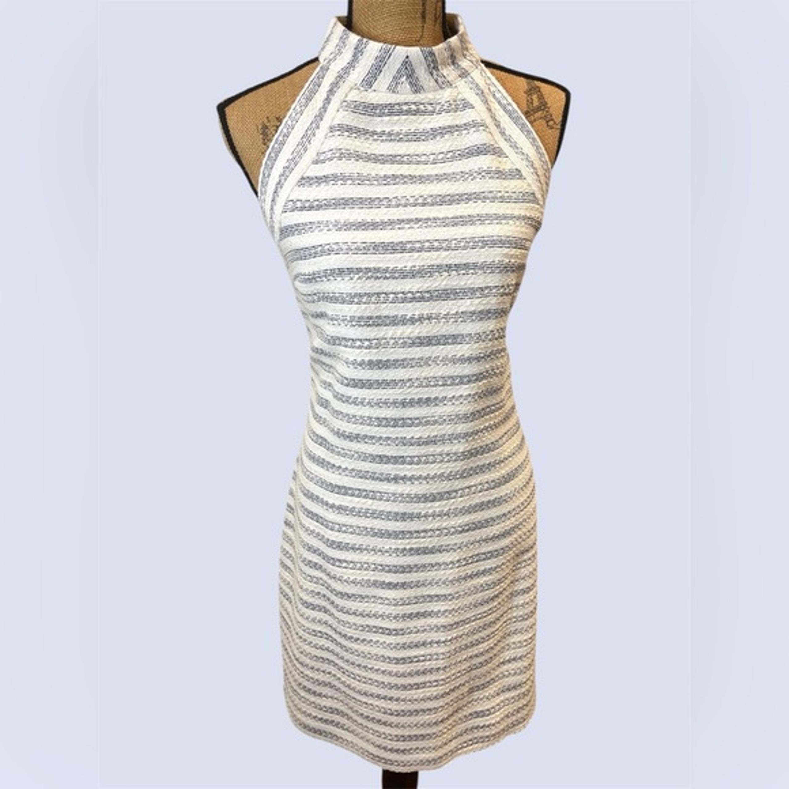 Belle Badgley Mischka Halter Dress NWT Cream Navy Metallic Striped Lined Size 14
