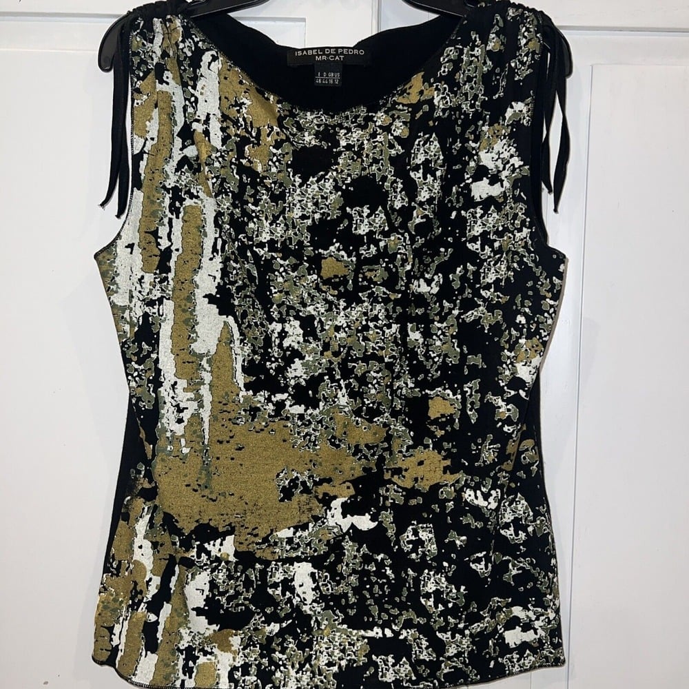 Isabel De Pedro Mr Cat Women's Black Gold Abstract Tank Sz 12 Shoulder Cinch