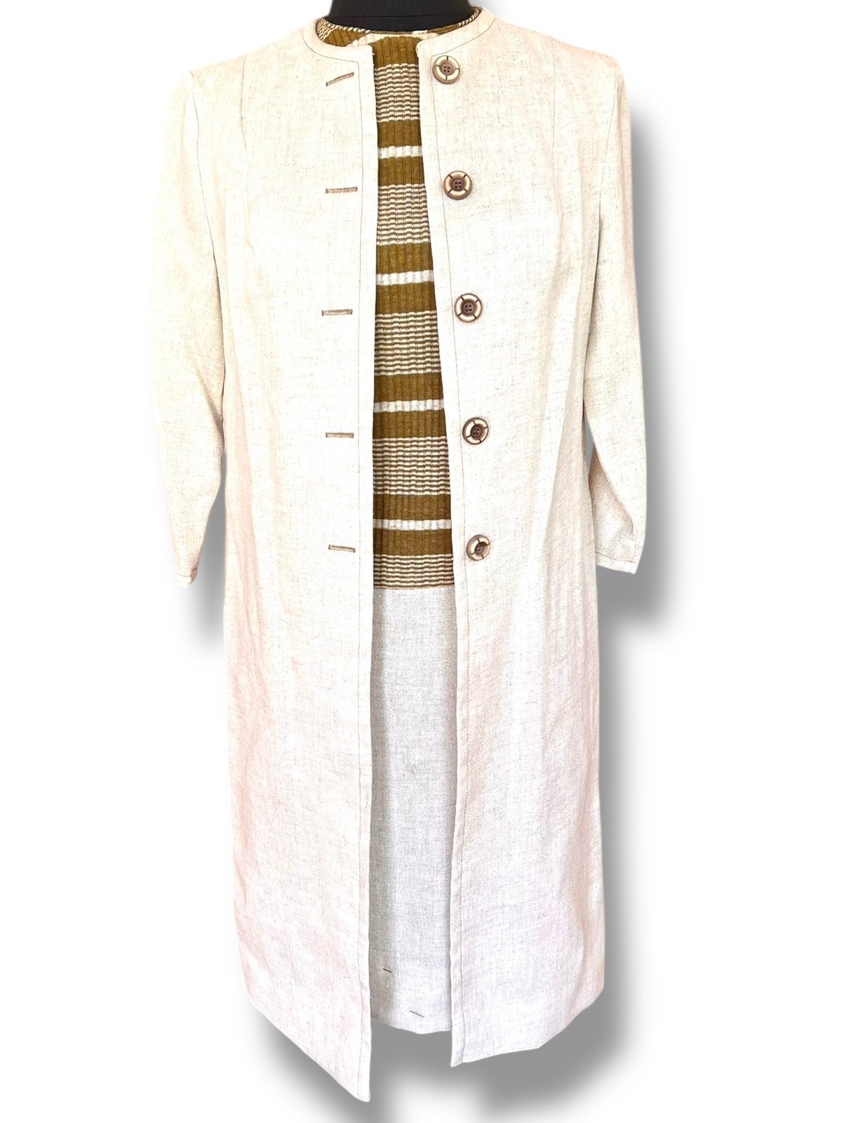 Vtg 60s Brown & Cream Long Jacket & Mid Sleeveless Dress Judy Wayne NEW w/flaw