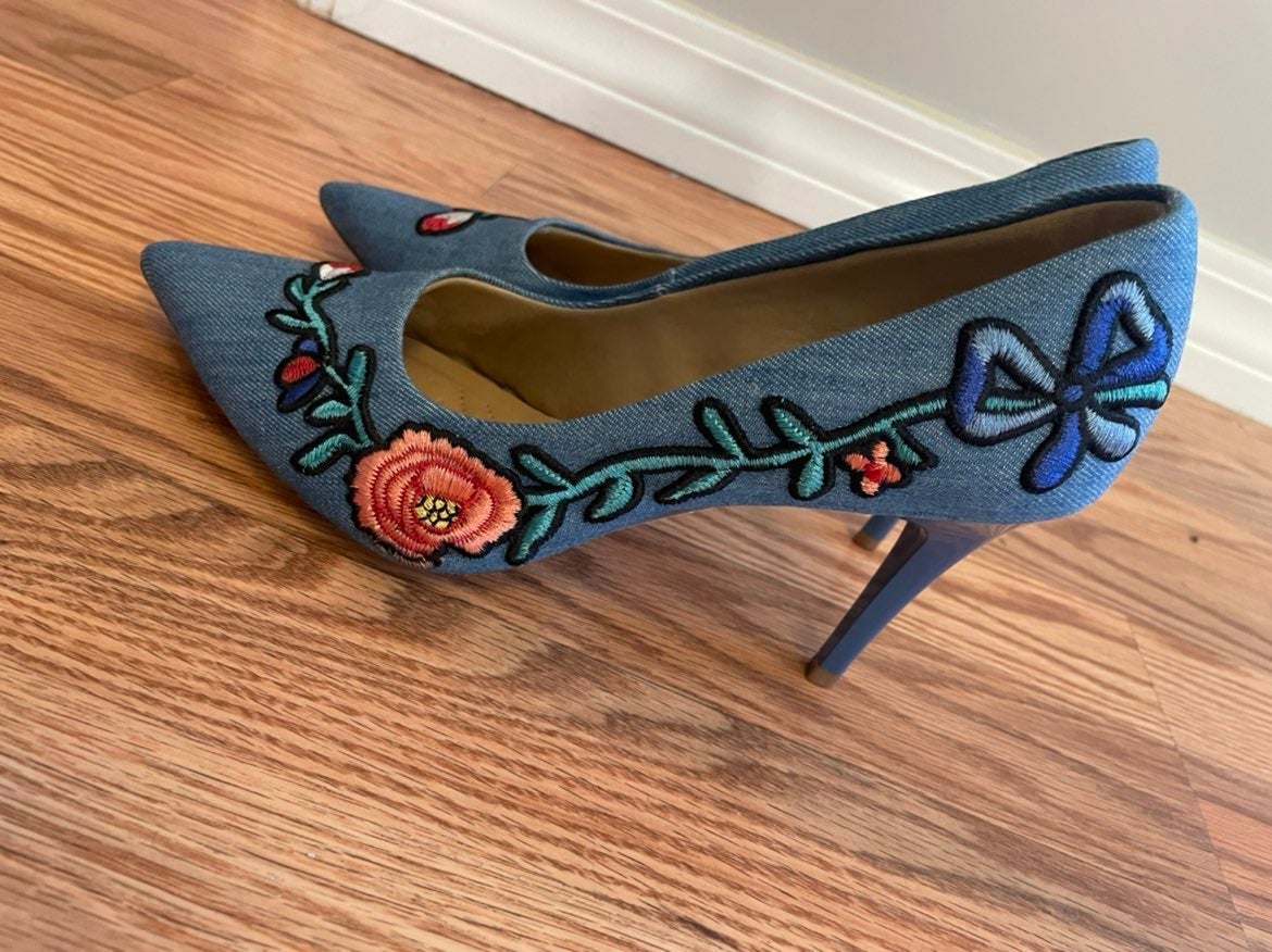 Designer Denim Floral Embroidery Heels