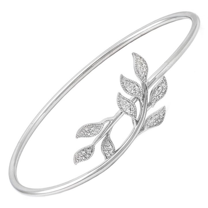Sterling Silver Leaf Diamond Bangle Bracelet