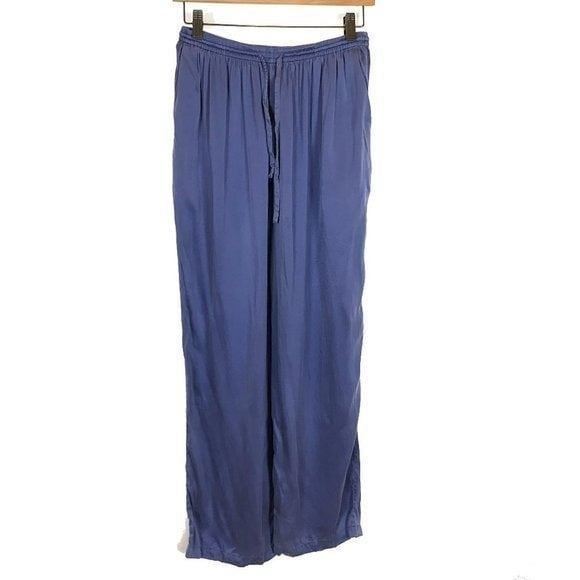 Womens Size Medium Magic Silk Blue Pure Silk Drawstring Pull On Wide Leg Pants