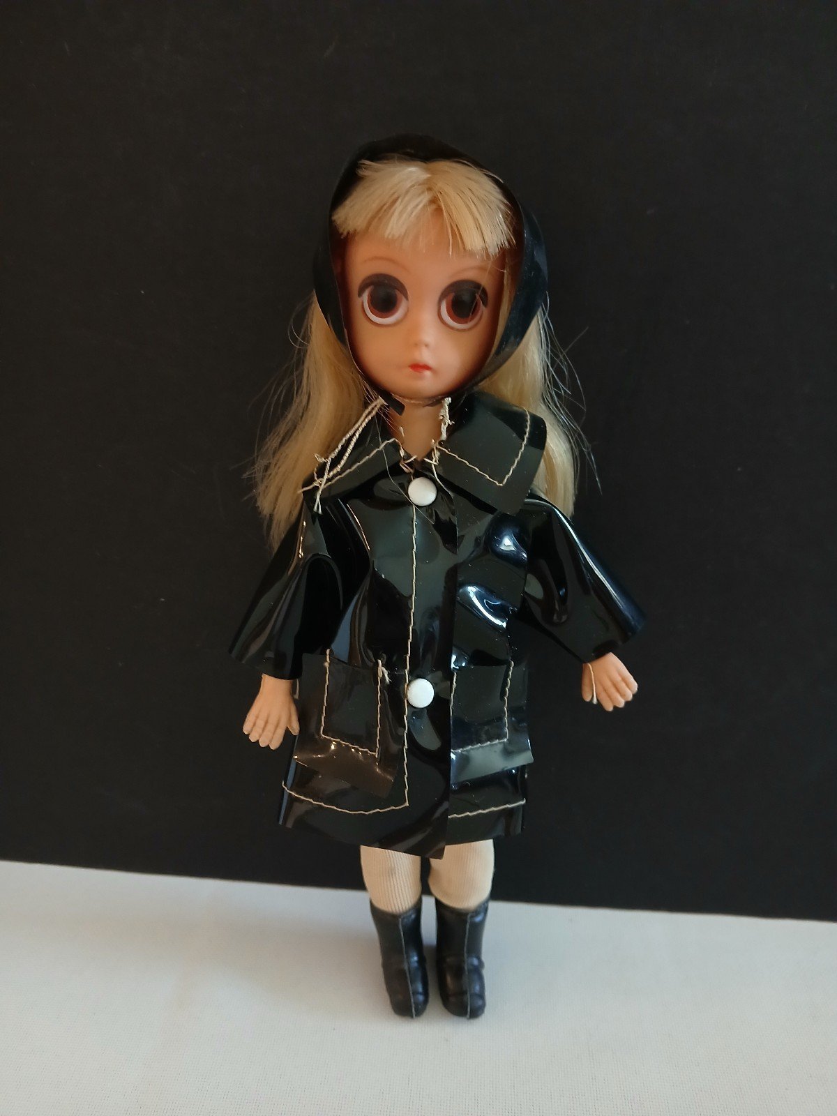Vintage 1960's Susie Sad Eyes, Black Slicker 8 Doll Big Eyes