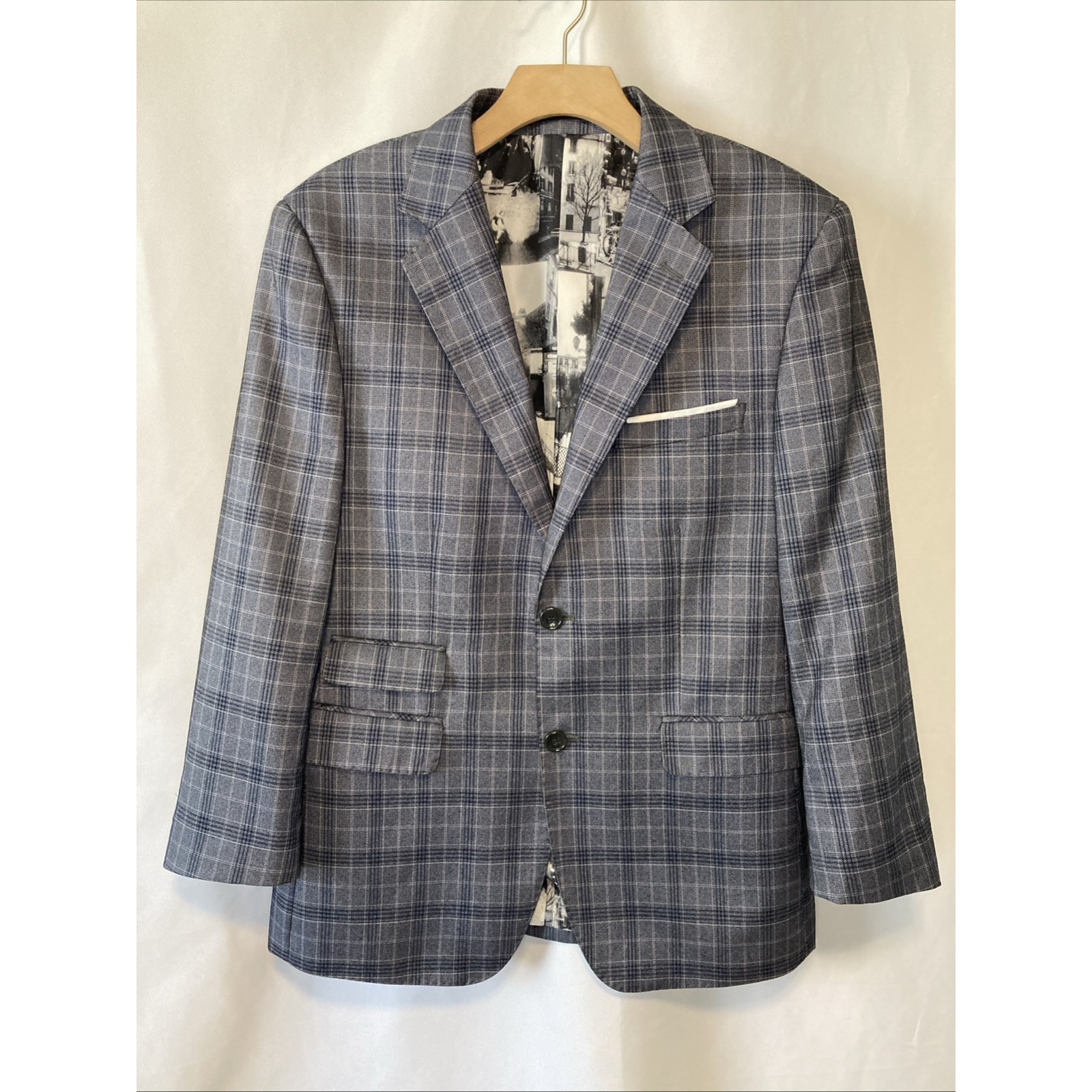 Statement Italy Confidence Size 40R Blue Window Pane Sports Blazer Jacket Wool