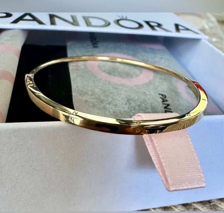 Pandora Signature 14k Solid Gold I-D Bangle Bracelet 552227C00 Size 2 (6.9 In)