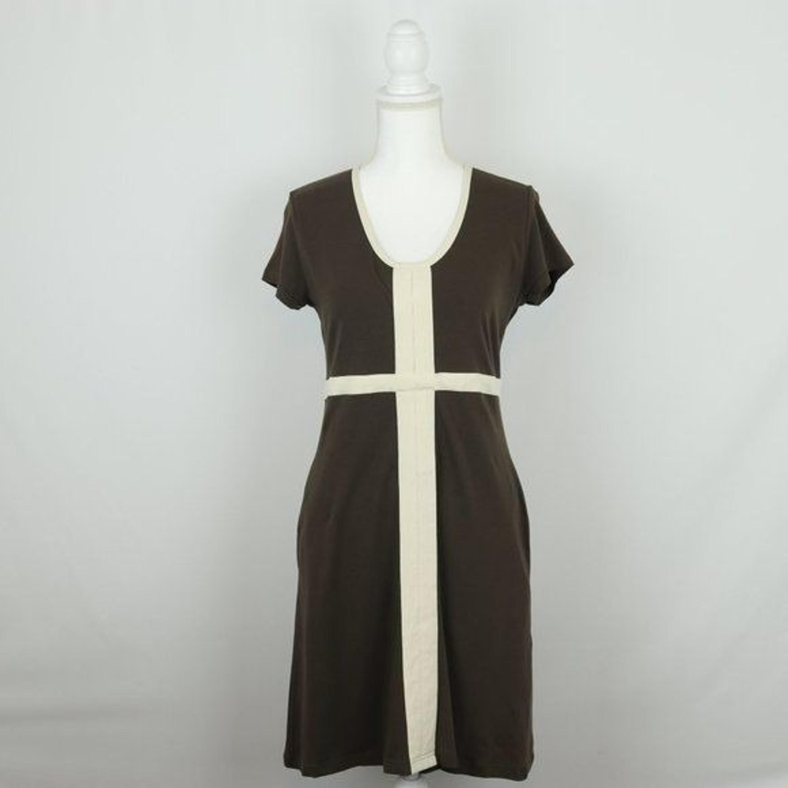 Isis Women's Medium Brown Cream Knit Scoop Neck Short Sleeve Casual Dress