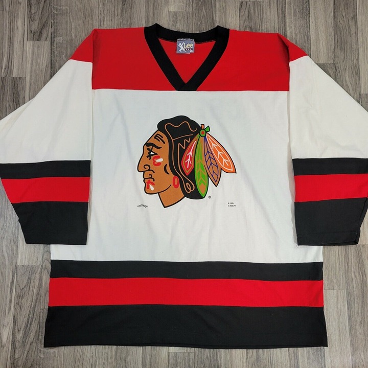 Vtg Nutmeg Chicago Blackhawks Chris Chelios Jersey Style Shirt Lee Sport #7 XL