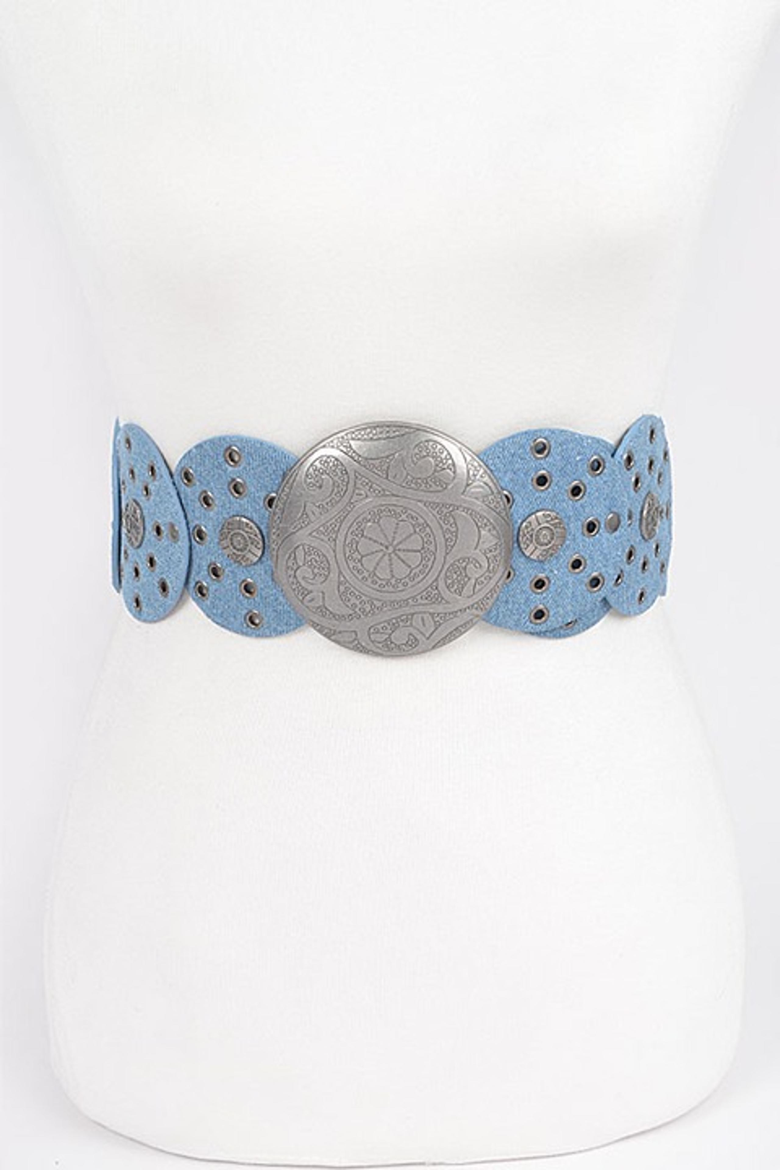 BNWT Rivet Light Denim Disk Statement Western Round Buckle Belt Wide Belt