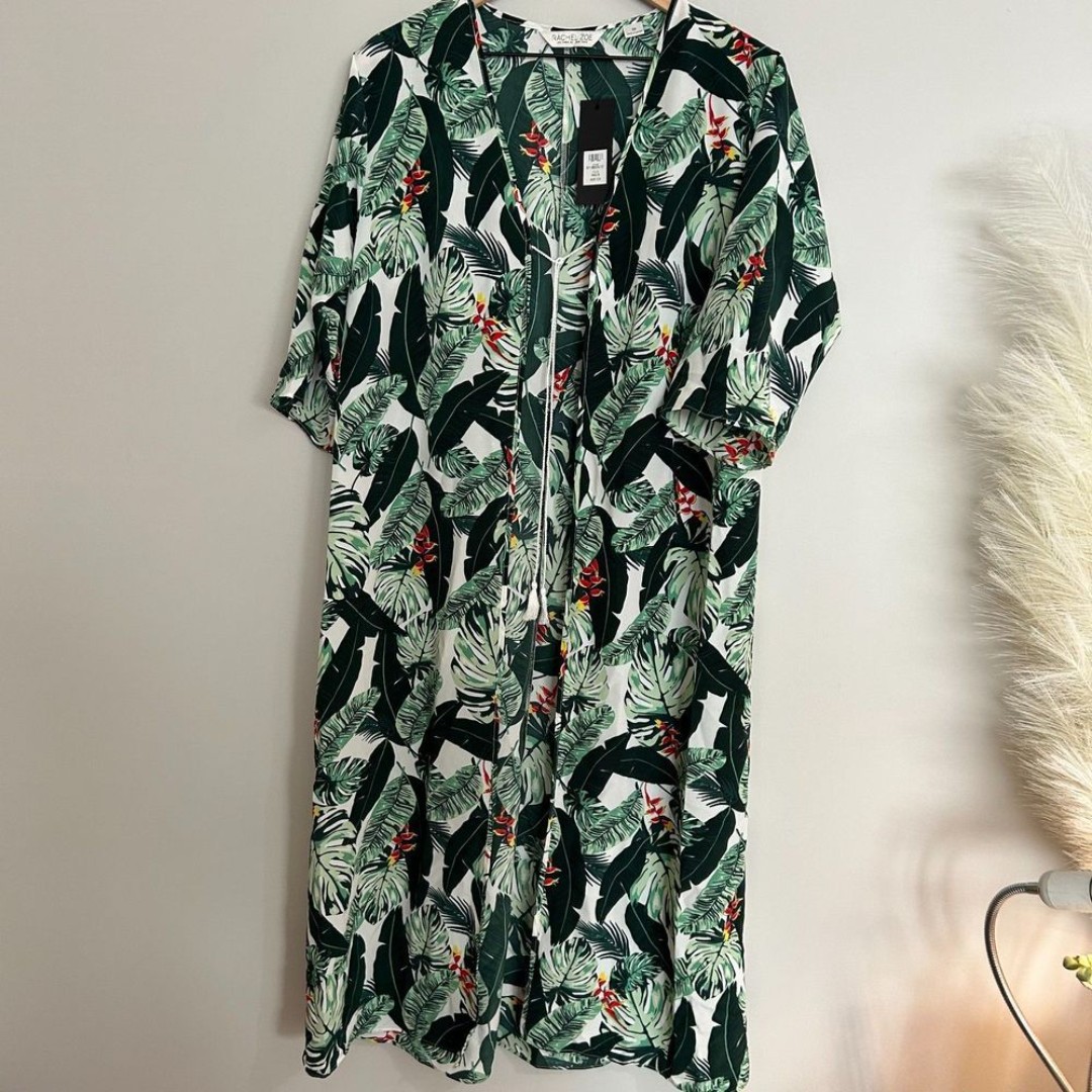 Rachel Zoe Palm Leaf Print Kaftan Duster Cover Up Kimono