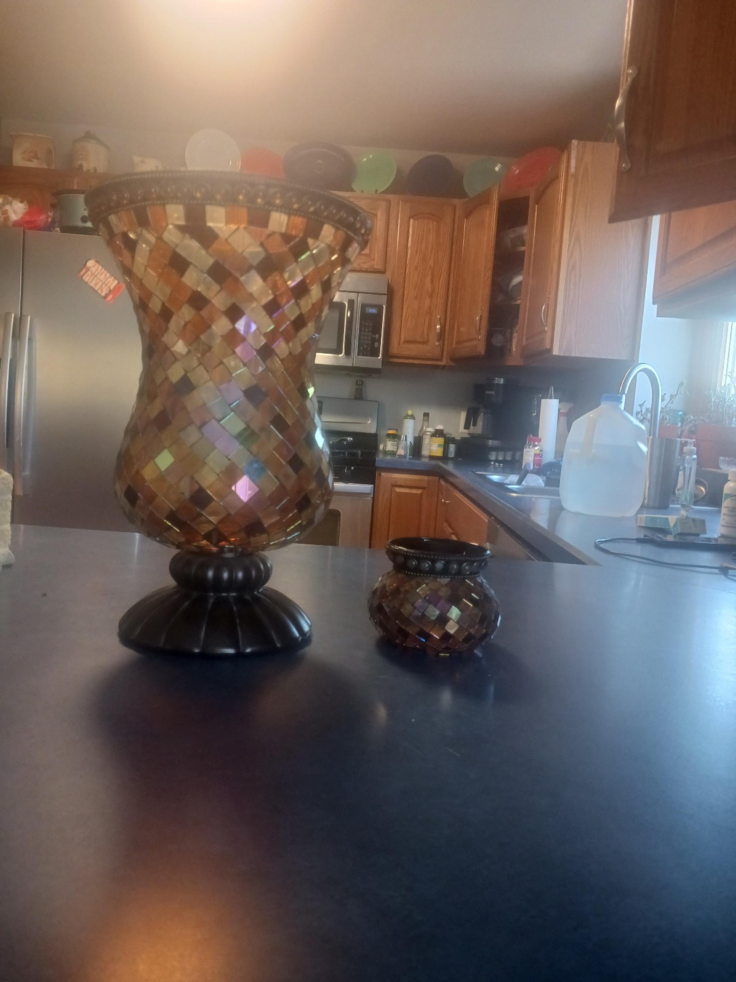 Party lite mosaic hurricane vase and matching candle holder or ect use